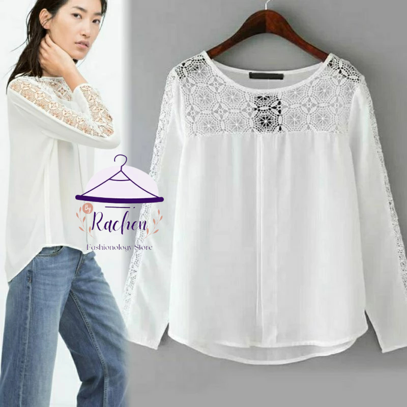 PADINI ~ Atasan Wanita Baju Kekinian Putih Keabuan Brukat Renda Lengan Panjang Long Sleeve Crochet B