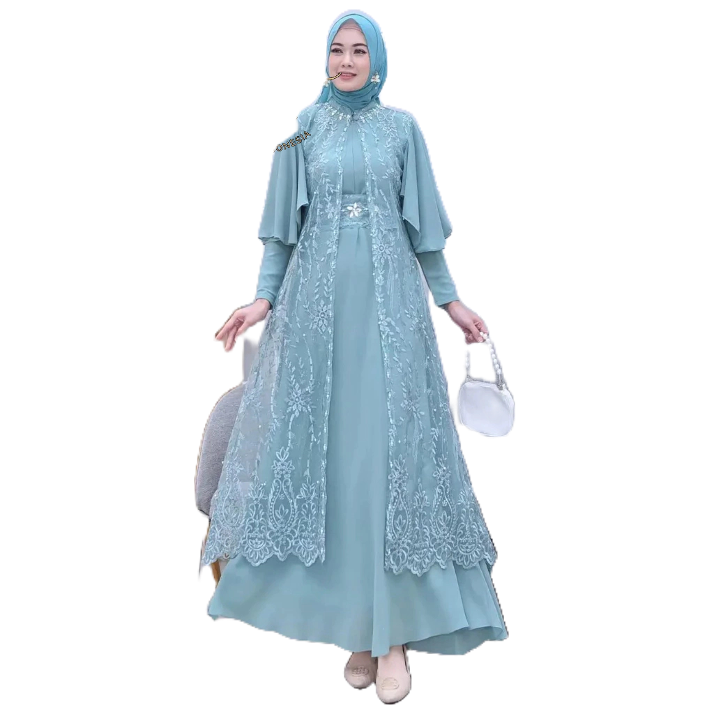GAMIS JUMBO Dress Outer Brukat Pesta Terbaru 2024 Green Sage Gamis Clarisa By Ghina Set Inner + Oute