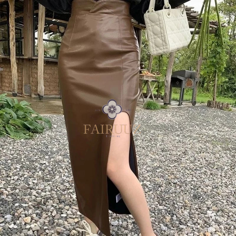 Rok Kulit Panjang Rok Midi Pensil High Waist Slit Besar Kaki Kiri Rok Wanita Chic Middle Streetwear 