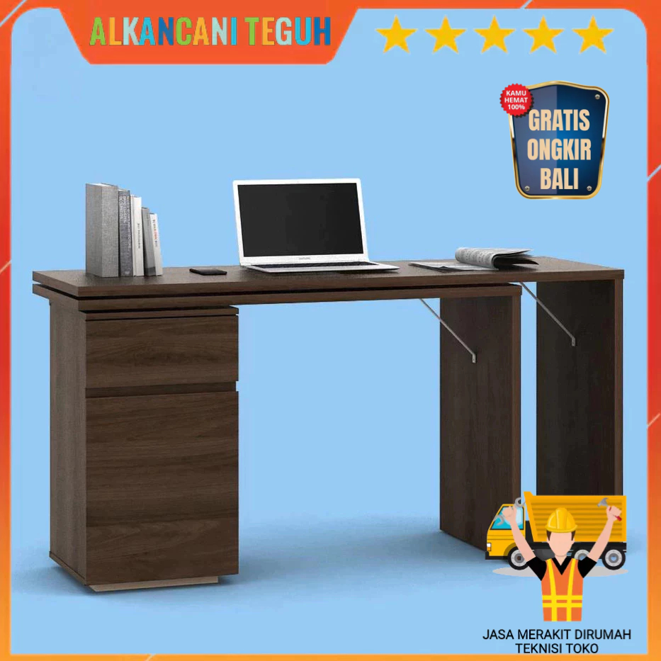 TURNY DK150 MEJA KERJA SUDUT DENGAN LACI DAN KABINET PENYIMPANAN - BROWN WALNUT