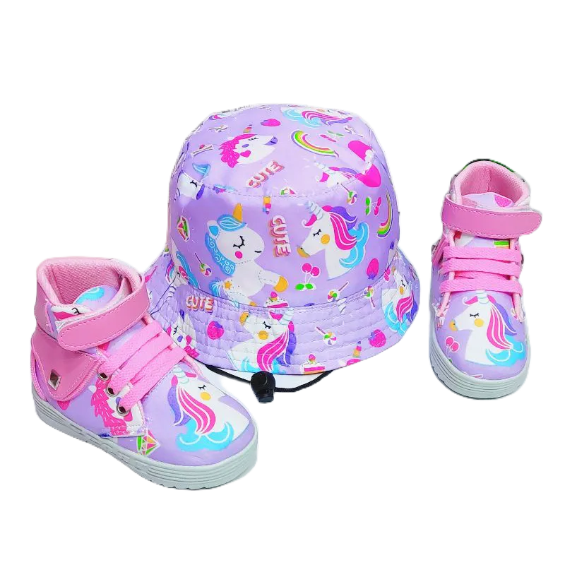 Paket Sepatu Boot Anak Topi Bucket Tali Anak Perempuan Motif Unicorn Ungu Cute Murah