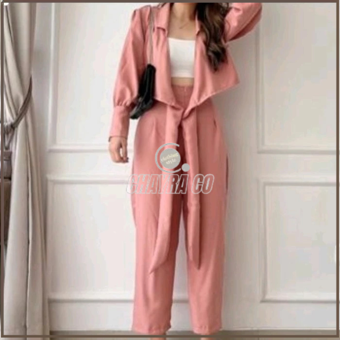 Setelan Outer Blouse Ikat Tali Set Wanita Celana Panjang Set Pantai Cyra