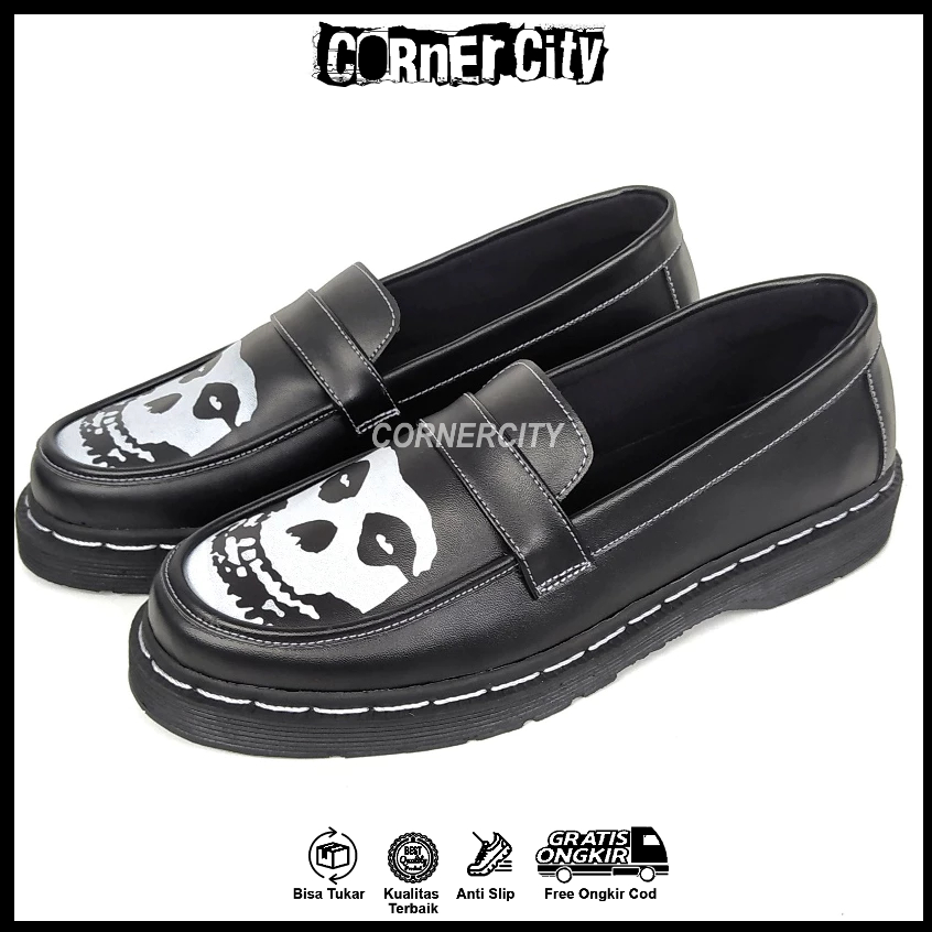 CORNERCITY Bika - Sepatu Formal Penny Loafers Casual Kerja Tengkorak Misfits