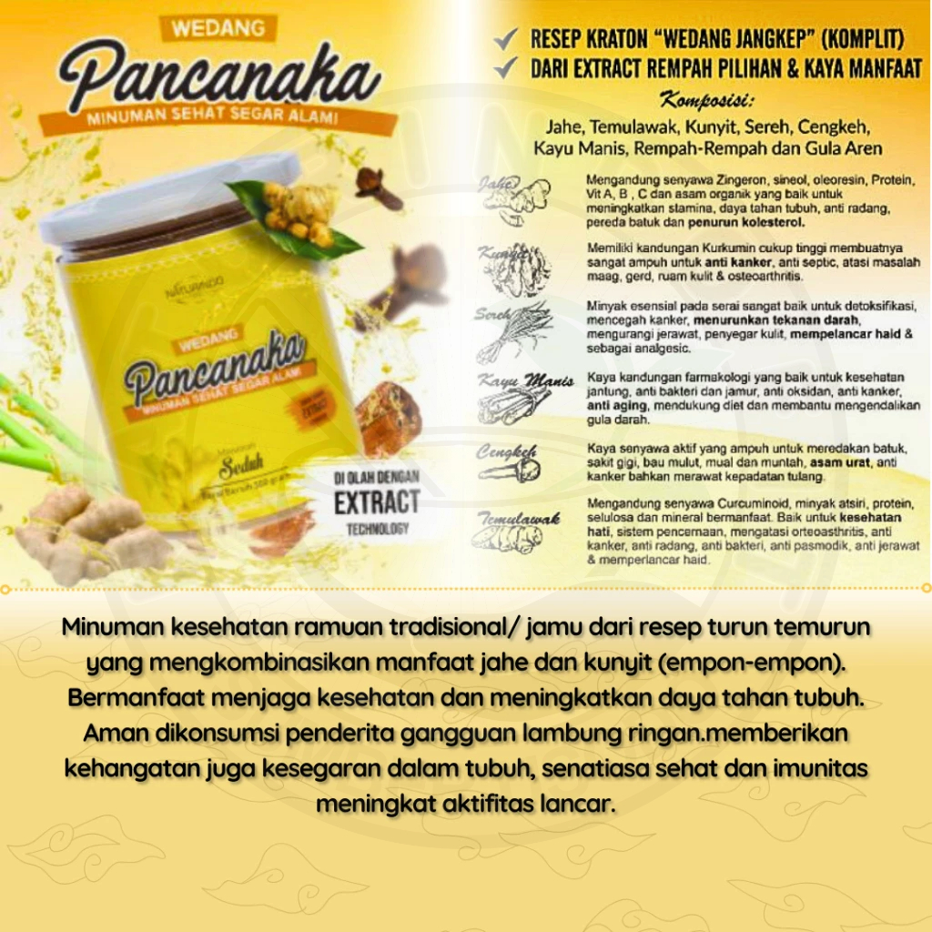 

Minuman JamuPancanaka Jahe Temulawak Kunyit Sereh Kayu Manis Cengkeh Seduh Naturindo