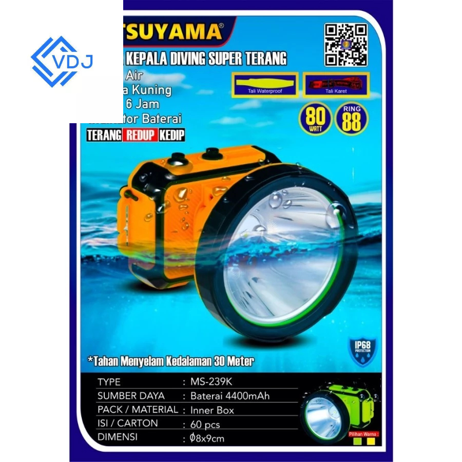 Senter Kepala Selam Mitsuyama MS-239K 80W Reghargeable Senter Selam Kedalaman 30 Meter Water