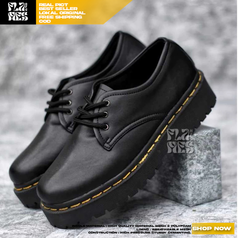 FLAMES Sepatu Pantofel Oxford Hak Tinggi Docmart Hitam Wanita