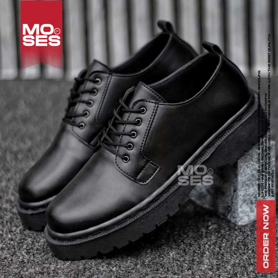 MOSES Sepatu Oxford Pantofel Formal Hitam Tali Kulit Pu Pria Hak Tinggi