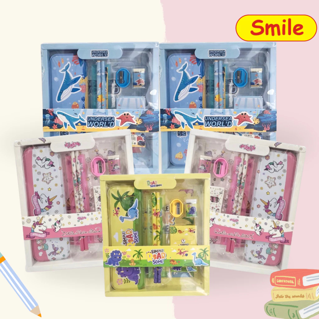 

Tempat Kotak Pensil Tepak Stationary Set Sekolah Alat Tulis Anak 6 in 1 Dinosaurus Unicorn Shark Mix Import