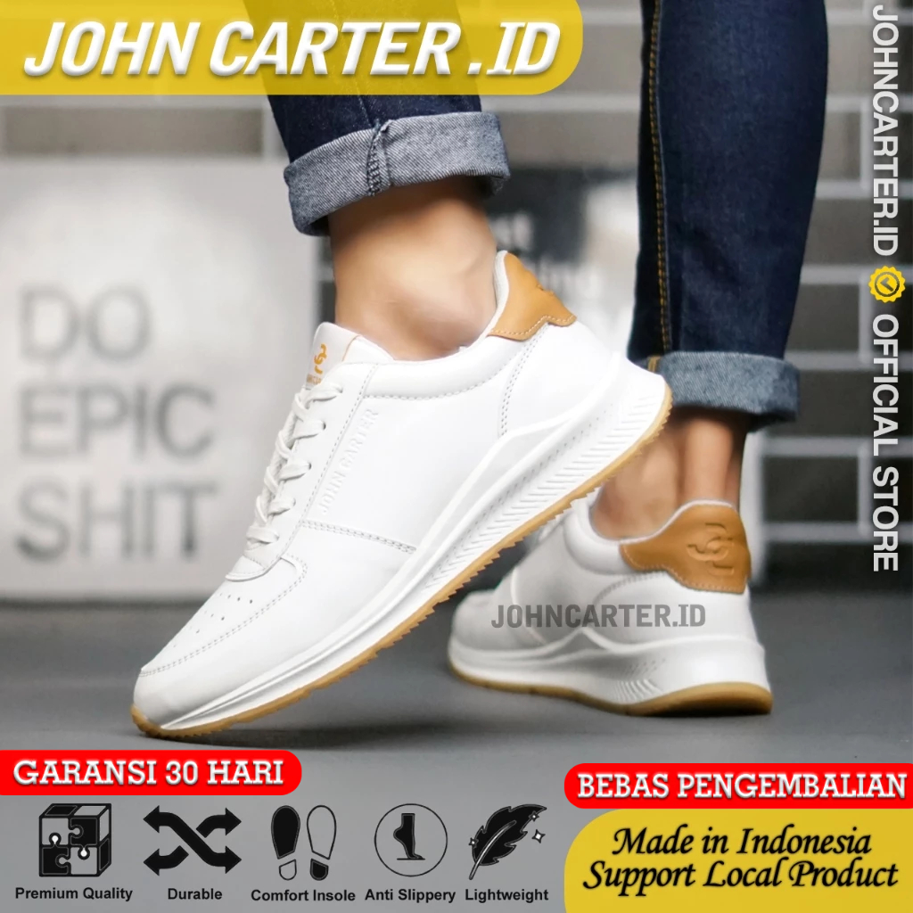 John Carter Athens Sepatu Sneakers Putih Pria Kulit Sintetis Sepatu Kets Cowok