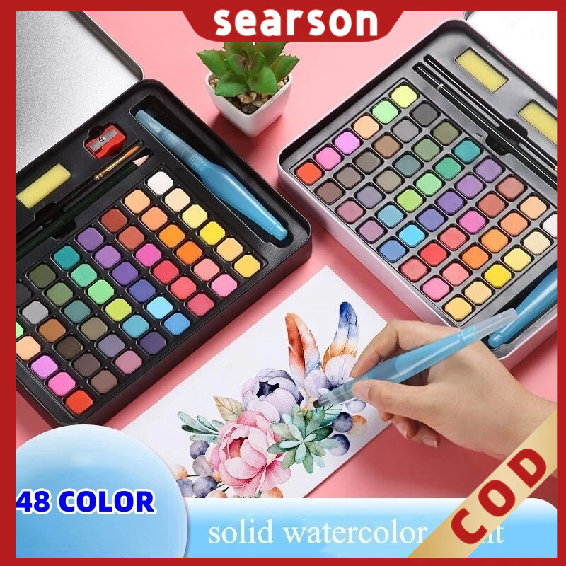 

【24h】 48 Warna Watercolor Set Alat Cat Air (termasuk kuas dan kertas gambar) Watercolour Water color Melukis Alat Lukis solid watercolor/ Cat Air Padat / Solid Watercolor Set / 36 48 Warna Cat Air