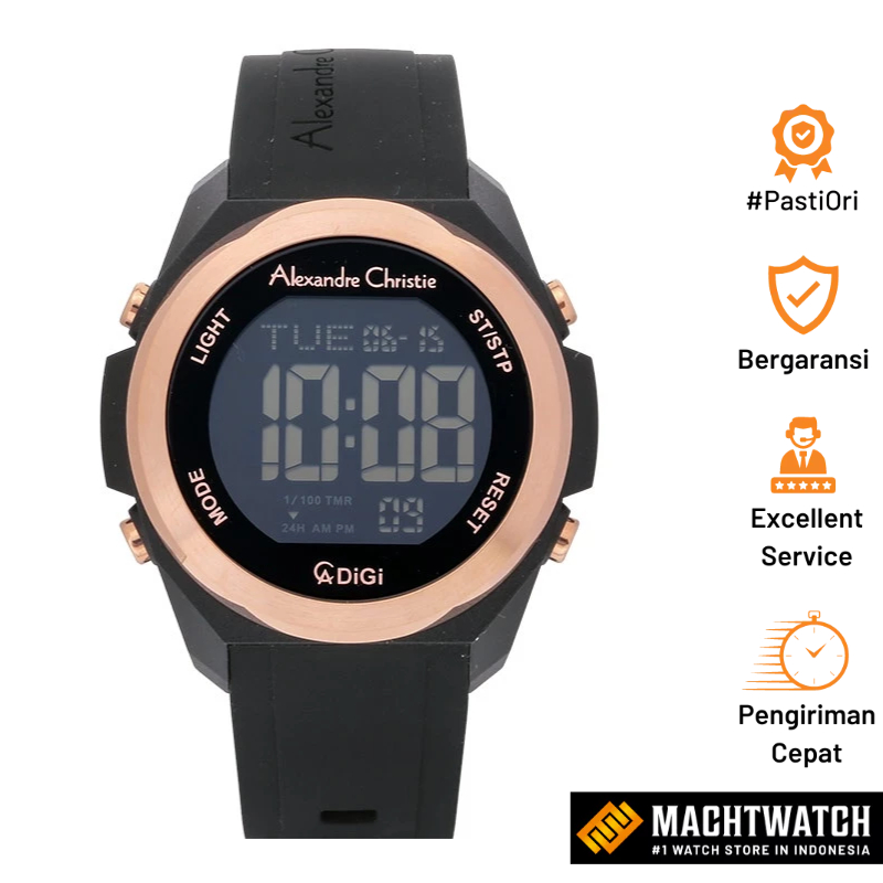 Jam Tangan Pria Alexandre Christie Digi AC 9342 MH RRGBA Men Black Digital Dial Black Rubber Strap