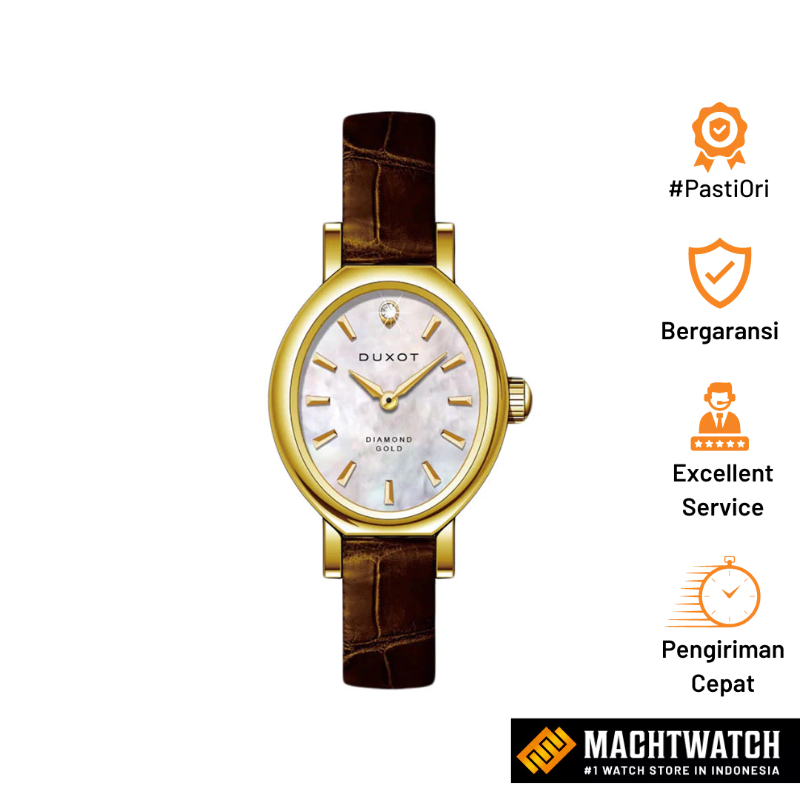 Jam Tangan Wanita DUXOT DX-2043-01 Ladies Gold Diamond White MOP Dial Brown Leather Strap Limited Ed