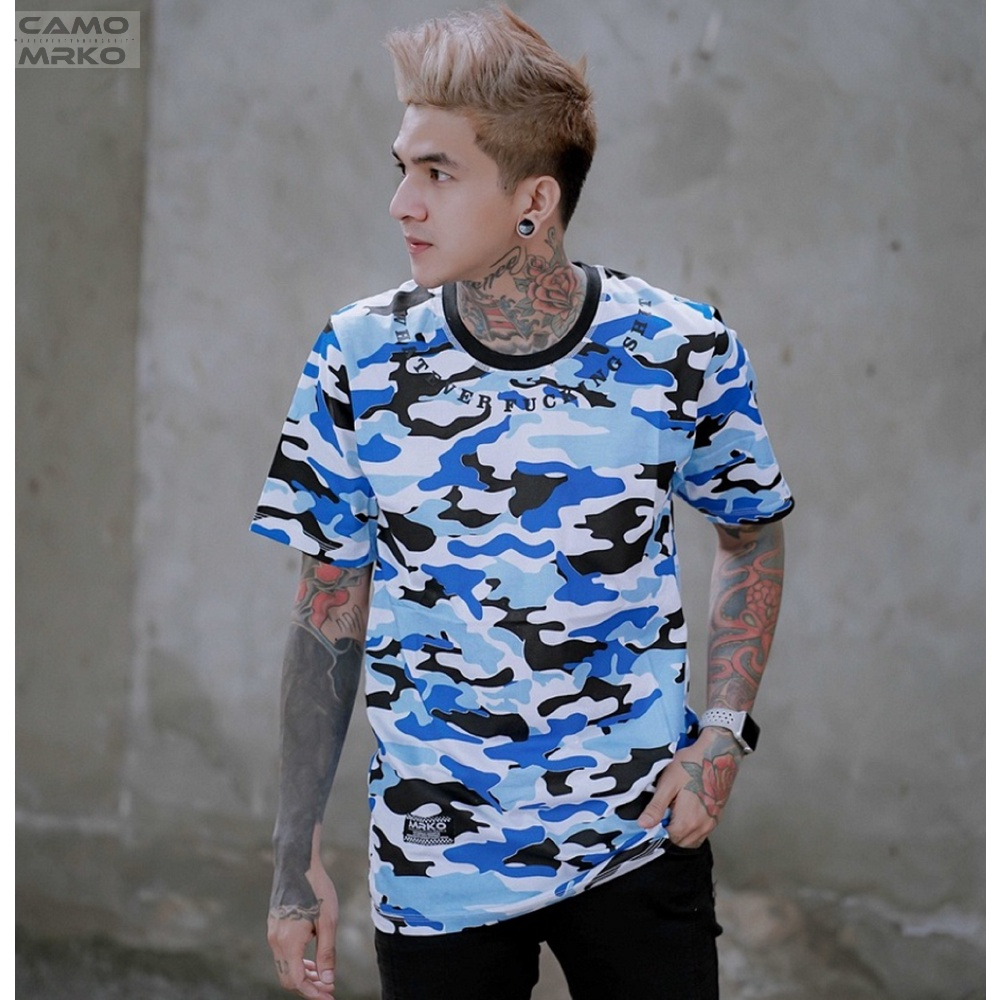 Kaos Distro Bandung CAMO MRKO Official Tees Doreng Army Marshal Biru MRKO010 Pria Wanita Original