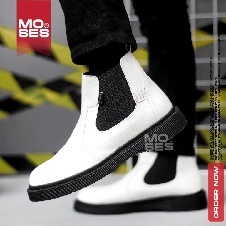 MOSES Sepatu Docmart Boots Kulit Asli Kerja Pria Putih