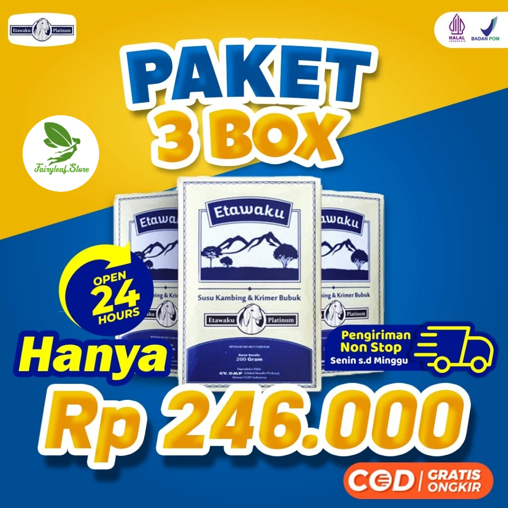 

Paket Bebas Sesak Nafas 3 Box ETAWAKU PLATINUM - Susu Kambing & Krimer Bubuk - Etawa ORIGINAL