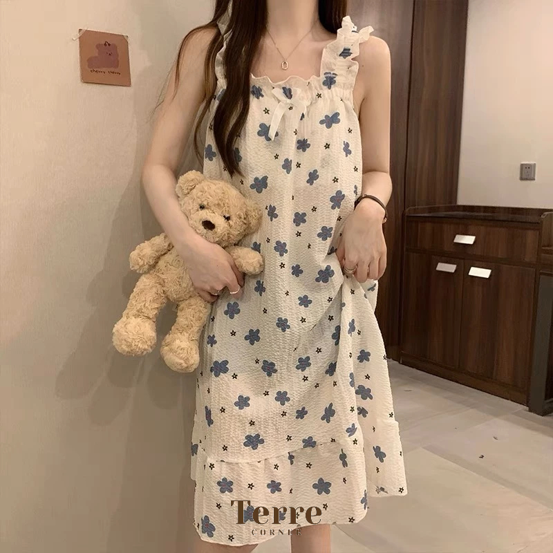 da Ji Hye Dress Daster Tidur Aesthetic dengan Cup Bra Piyama Korea Wanita Import Tanpa Lengan