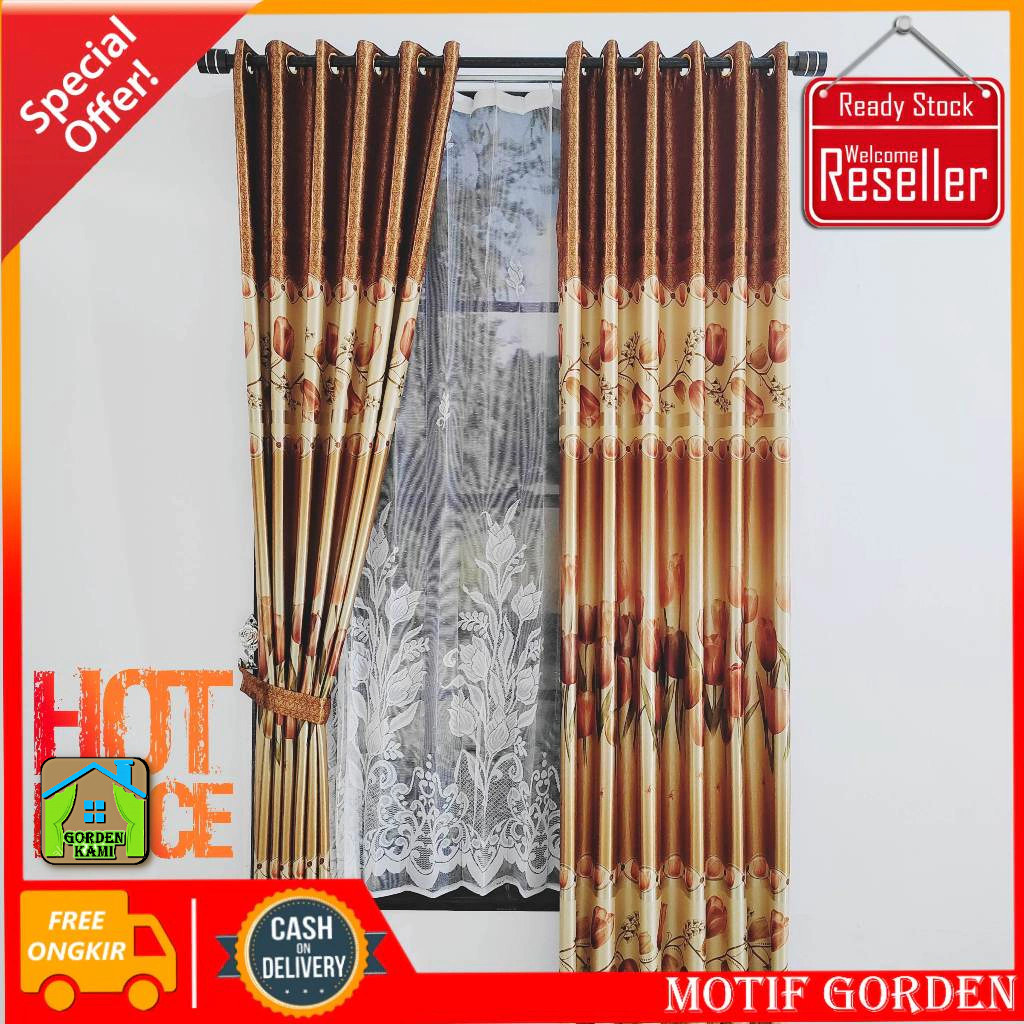 Gorden Pintu Kamar Mewah Motif Printing Bunga Tulip Bahan Kain Blackout Original Tipe Smokering