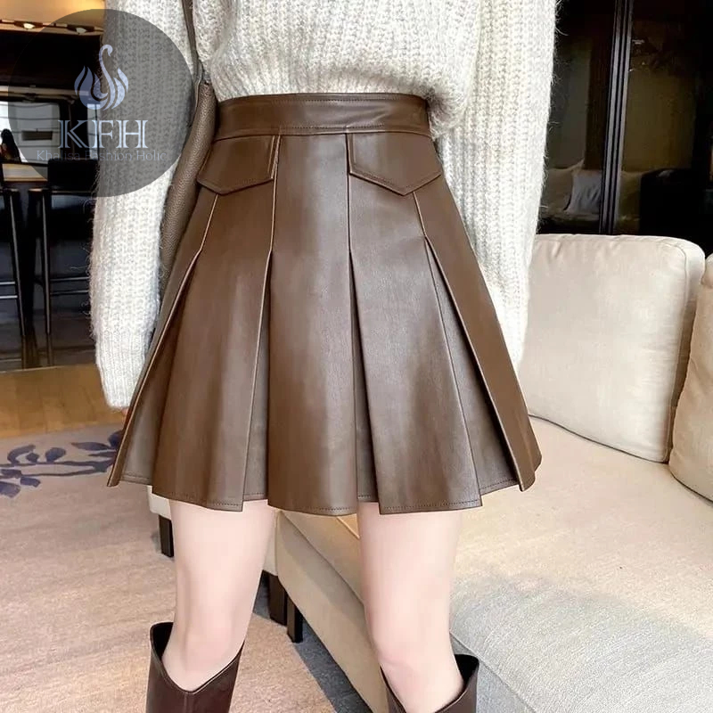 Rok Lipit Kulit Wanita Rok Pendek Rempel Model Rok Korea Style High Waist Rok Mini Kulit Kasual Stre