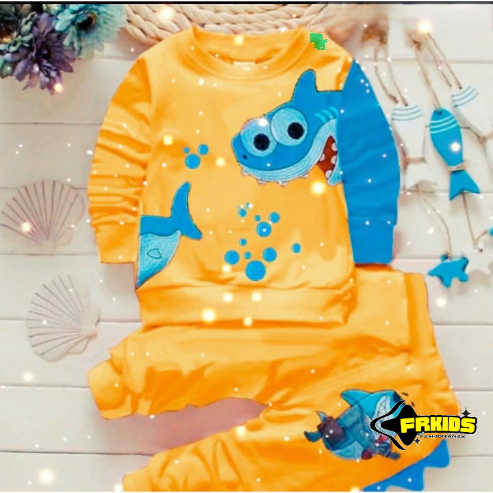 Setelan Baju Anak cowok cewek motif hiu baju anak umur 1-5 tahun