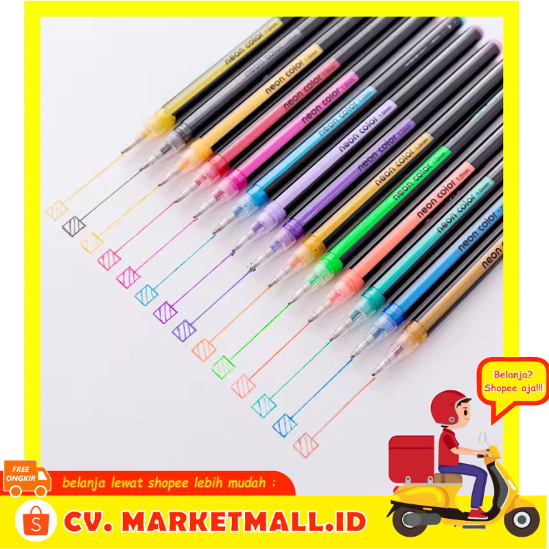 

12 PCS Pena Pulpen Warna-Warni Gel Tinta Berkilau Pen Glitter Neon Color 1.0mm ZUIXUA HG6107-12 - 7COTBKMC