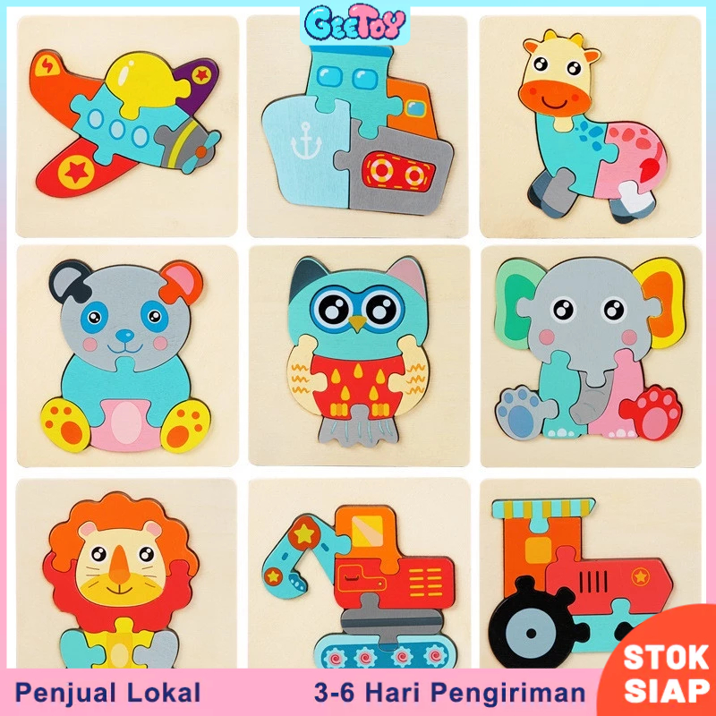 GeeToy Mainan Edukasi 3D Puzzle Kayu Kartun Hewan Jigsaw Puzzle Mainan Belajar Untuk Anak