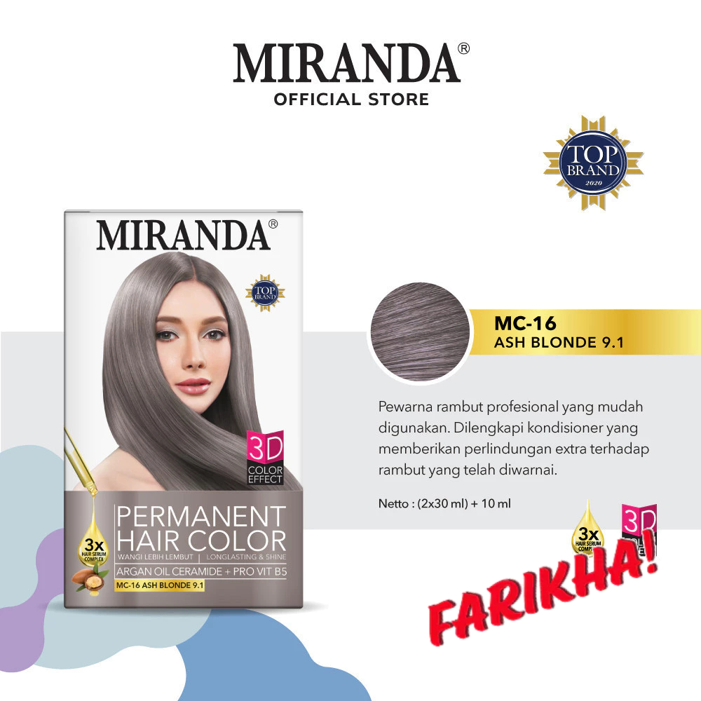 Miranda Permanent hair color pewarna rambut permanen MC- 16 ASH BLONDE