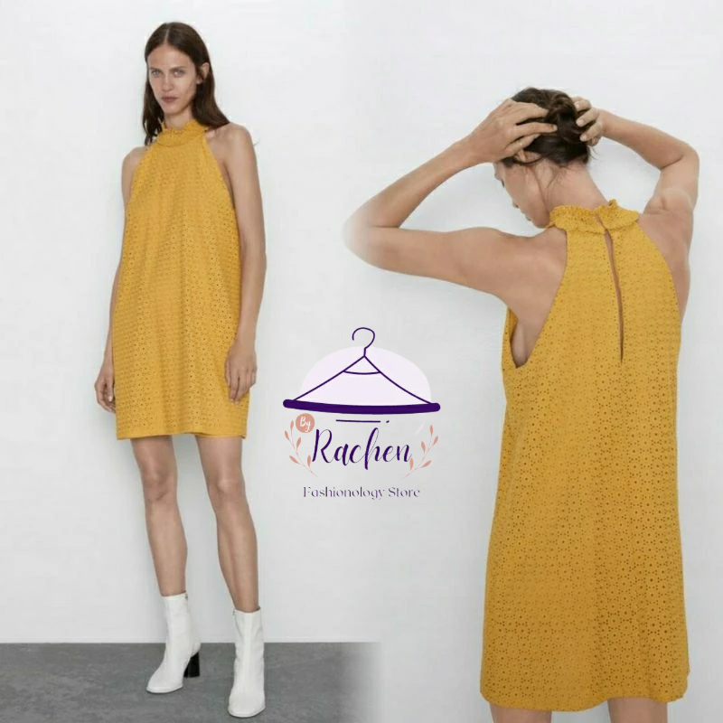 ZARA ~ Gaun Wanita Baju Viral Kekinian Katun Bolong Warna Kuning Kunyit Eyelet Cutwork Halterneck Dr
