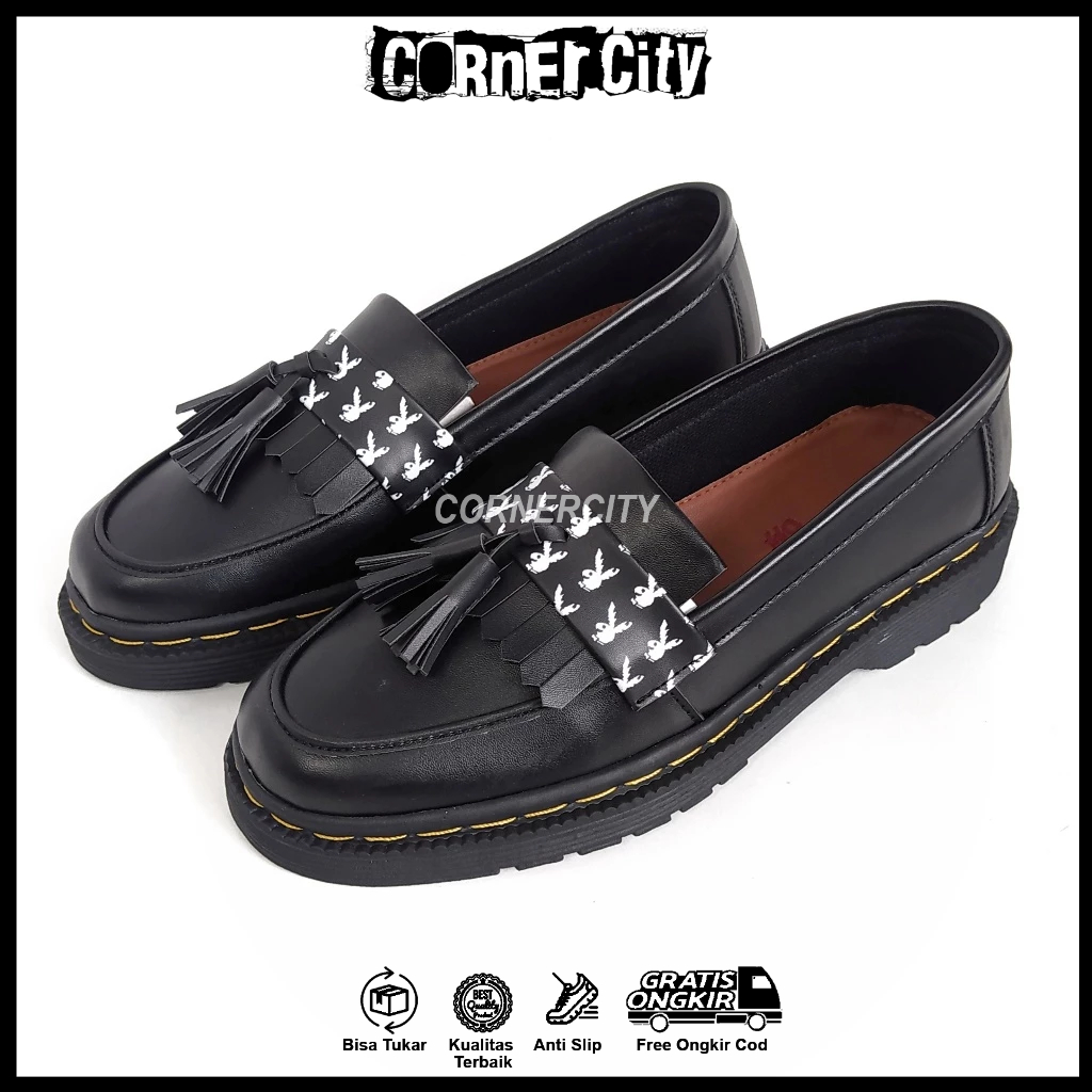 CORNERCITY Rogu - Sepatu Loafers Pria Docmart Kulit Pu Hitam Playboy