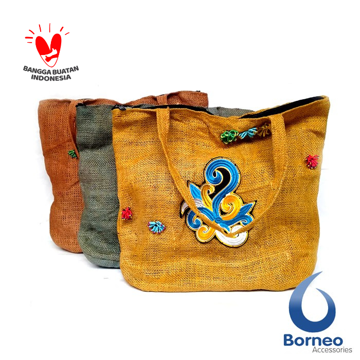 Tas Belanja Kain Goni Burlap Kombinasi Sulam Tumpar Etnik Kalimantan