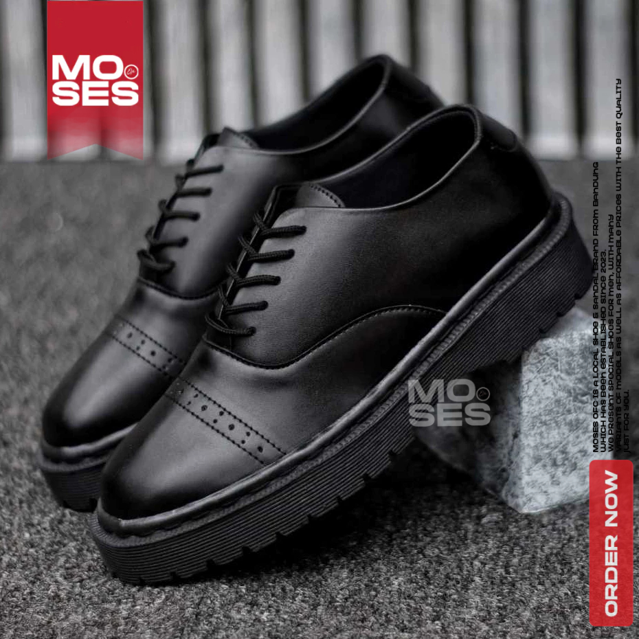 MOSES Sepatu Oxford Pantofel Formal Tali Hitam Pria Hak Tinggi 5 cm