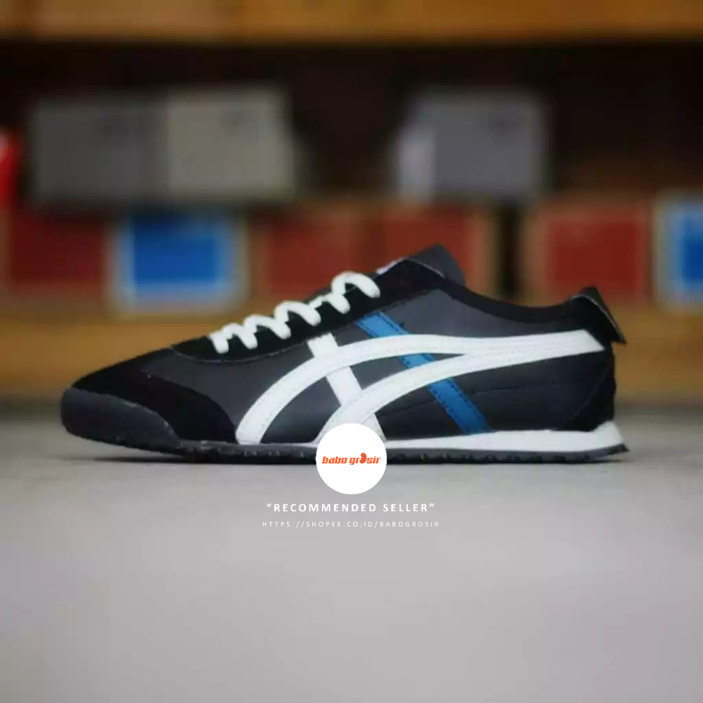 PROMO Sepatu Sneakers Pria dan Wanita Onitsuka Tiger Black Cream Blue Include Box, Bahan PU Leather 