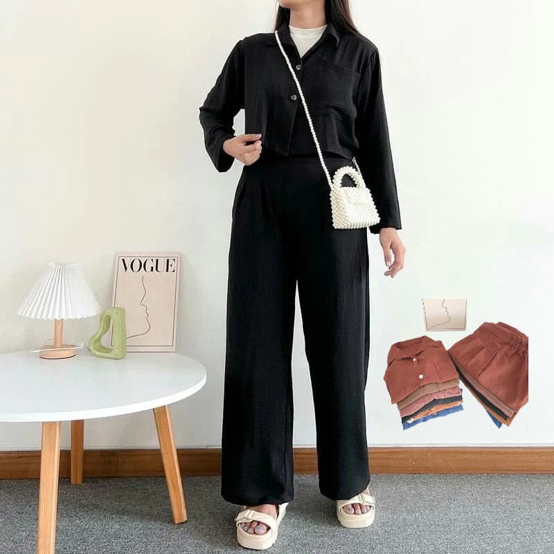 SETELAN WANITA SET CRINGKLE ONE SET CROP TOP BLEZER KEMEJA CROP CRINGKLE SET WANITA