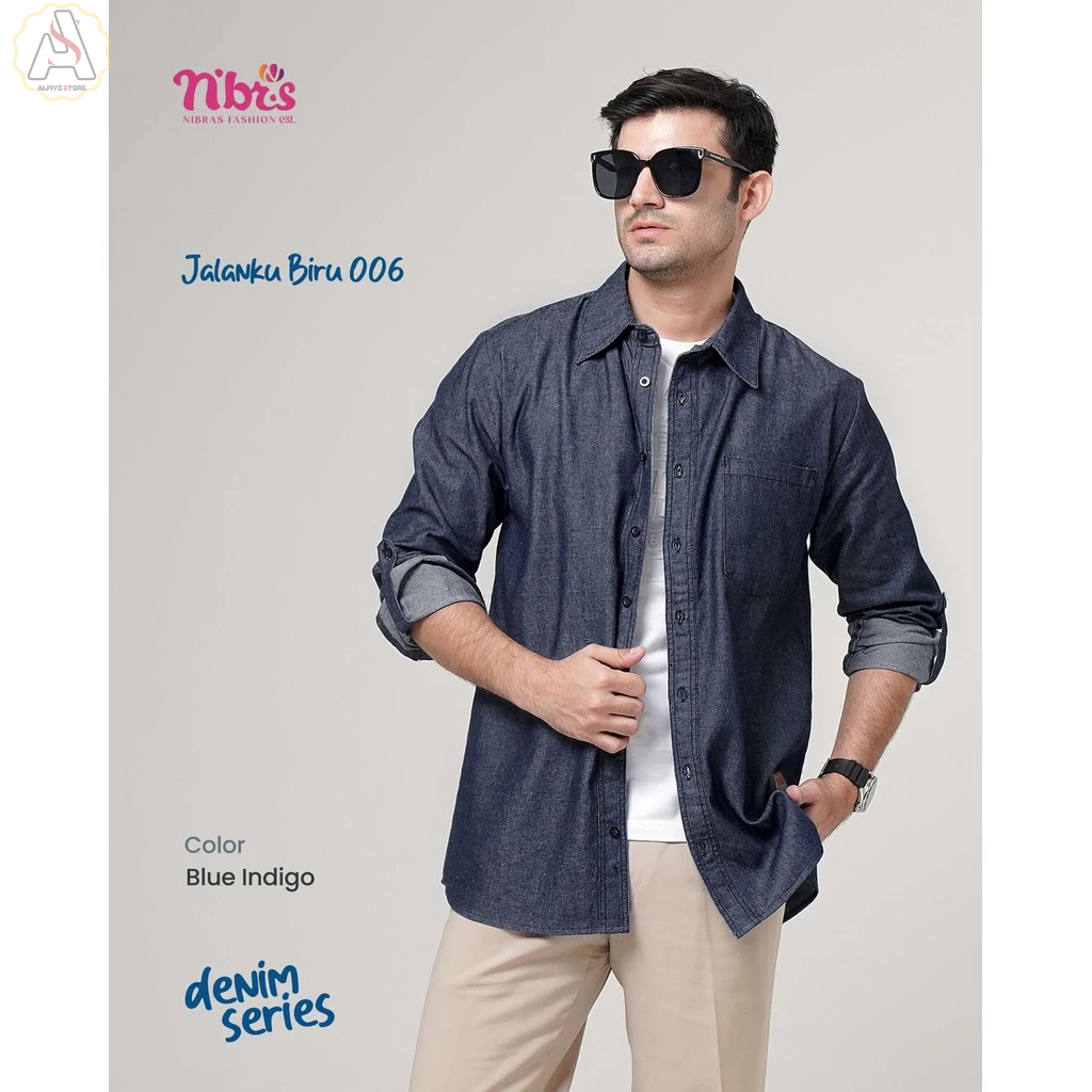 NIBRAS | Kemeja Koko Pria Dewasa Lengan Panjang Bahan Denim Jalanku Biru 006 by Nibras