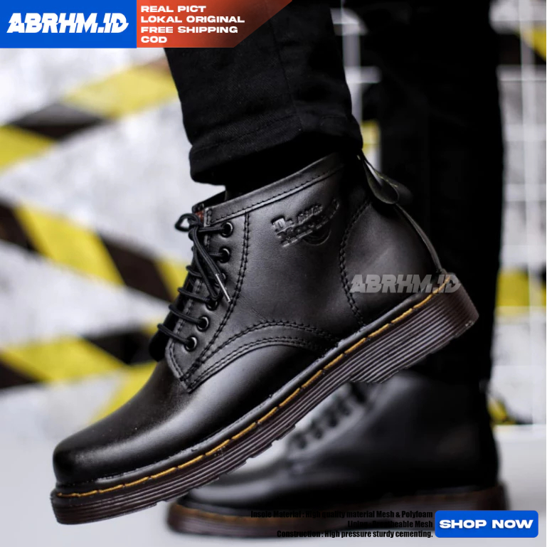 ABRHM Sepatu Boots Docmart Kulit Hitam Pria