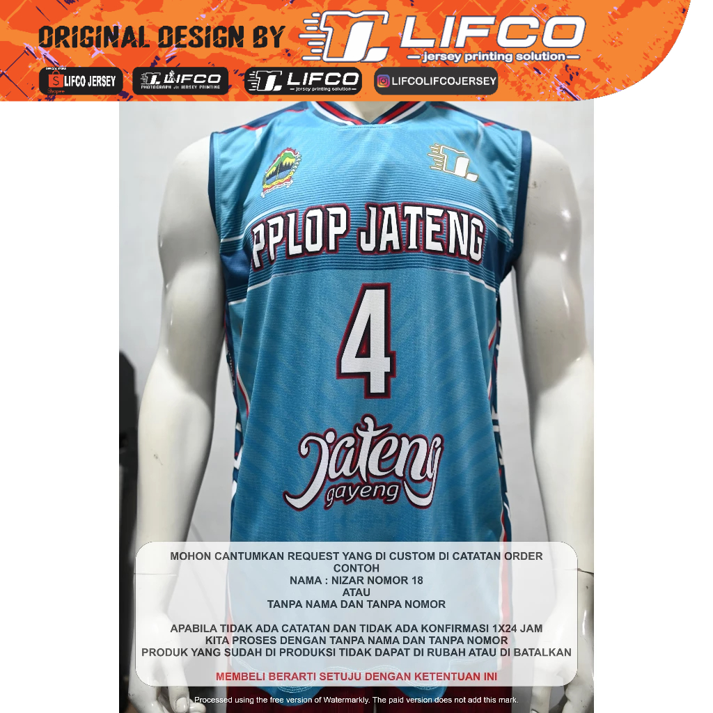 CUSTOM JERSEY ORIGINAL LIFCO PPLOP JATENG SERIES TANPA CELANA  ( FREE REQUEST NAMA DAN NOMOR)