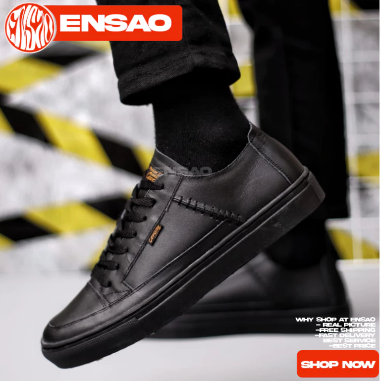 Sepatu Sneakers Casual Kulit Hitam Sekolah Pria
