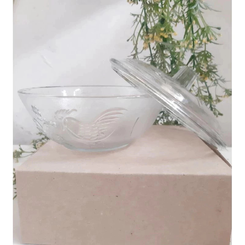 ❄ Mangkok + Tutup  Kaca Motif Ayam Jago ❄