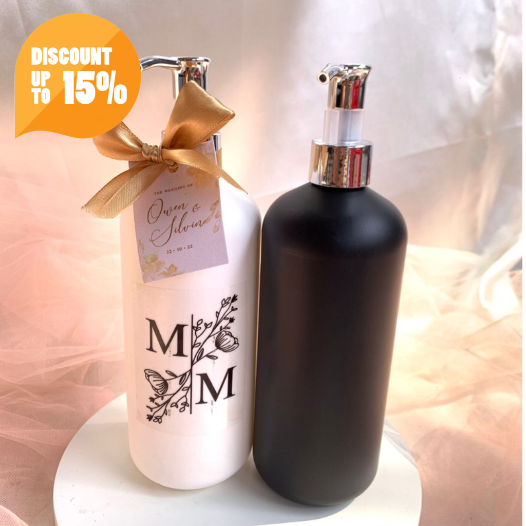 SAMPEL SOUVENIR PERNIKAHAN BOTOL PUMP KEMAS PITA SOUVENIR MURAH SOUVENIR UNIK SOUVENIR CUSTOM