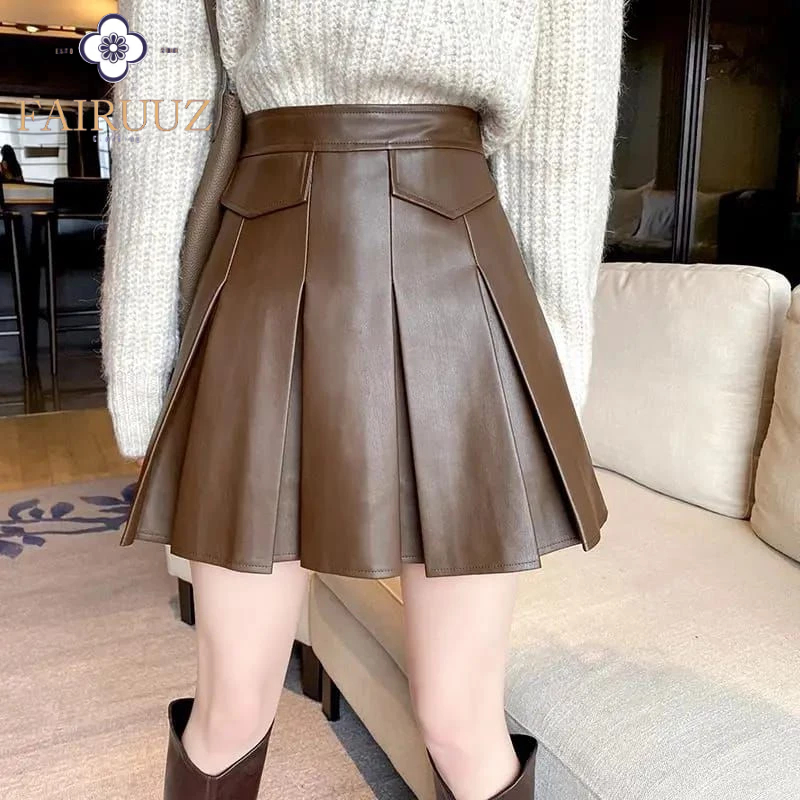 Rok Lipit Kulit Wanita Rok Pendek Rempel Model Rok Korea Style High Waist Rok Mini Kulit Kasual Stre