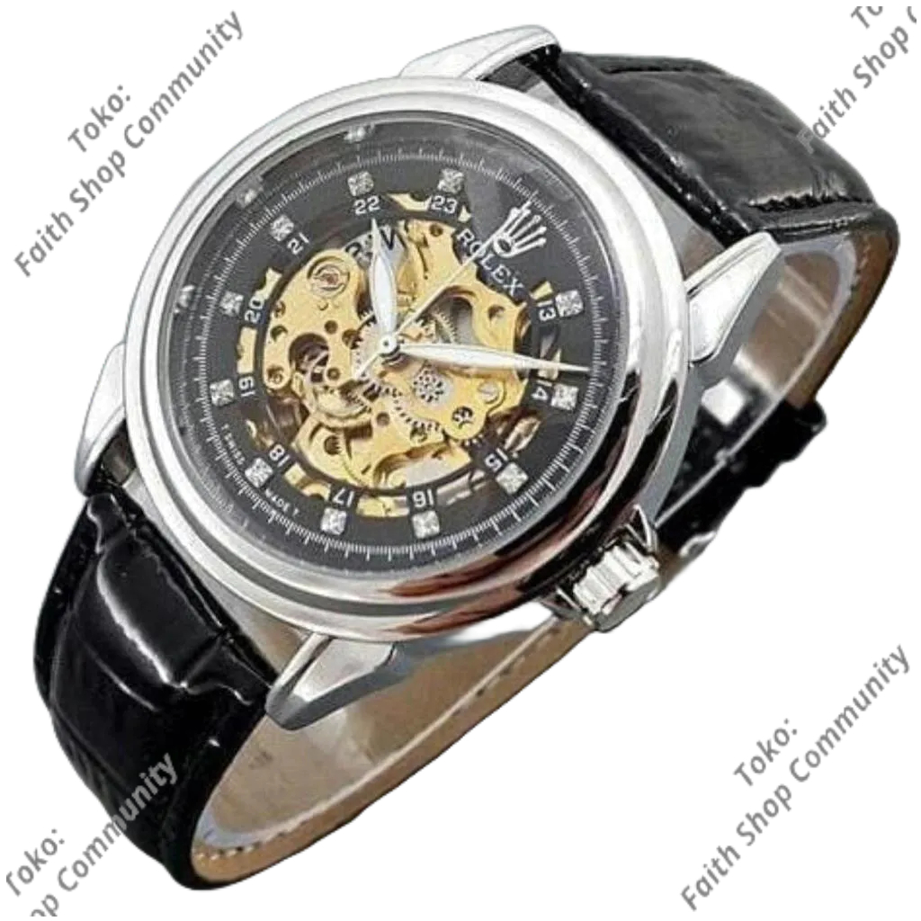 Jam Rolex Automatic Wanita Tali Kulit Model Mata Mesin Skeleton Free Box