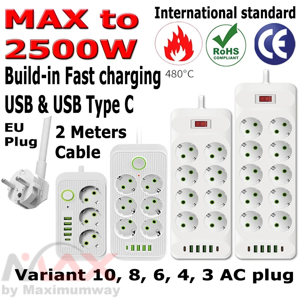 Stop Kontak colokan plus Charger HP USB TYPE C lubang 10, 8, 6, 4 segitiga listrik 220V stopkontak