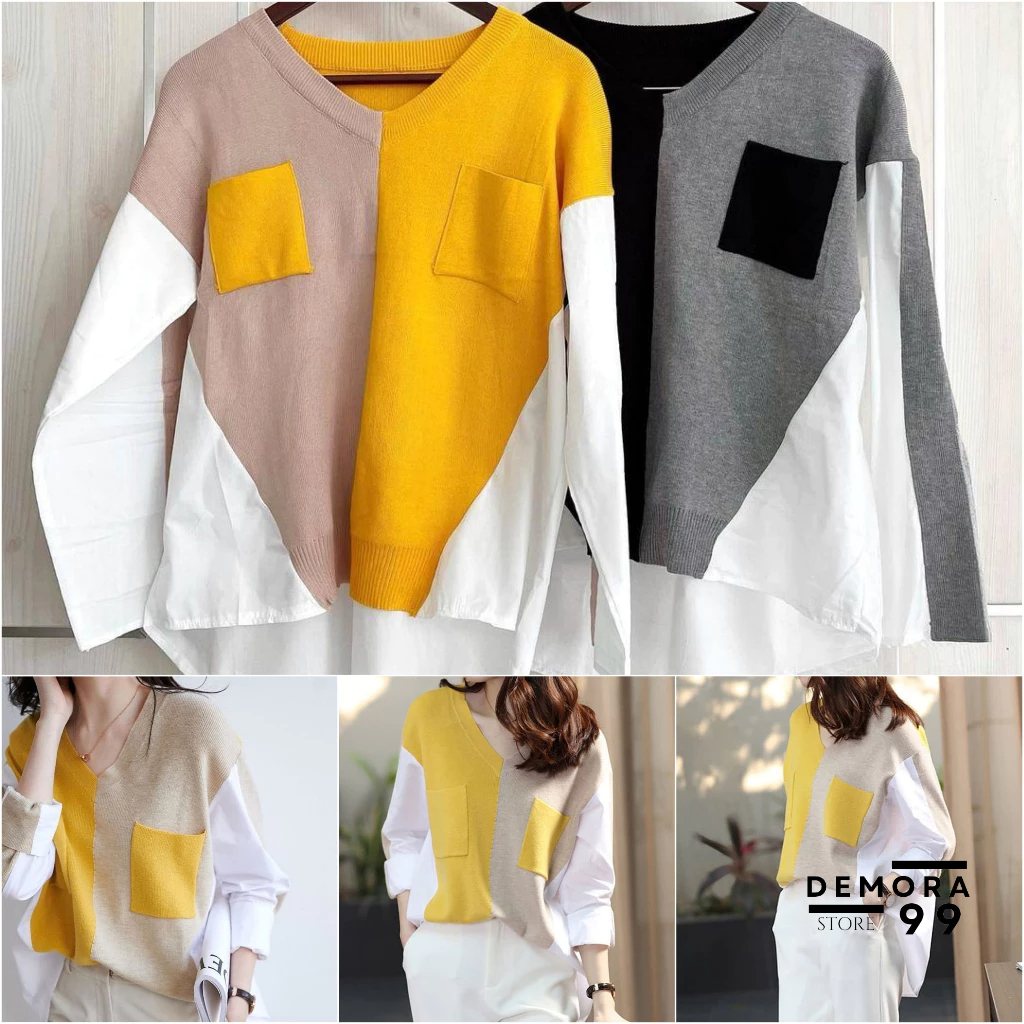 FLORENZA TOP - Atasan Wanita Kekinian, Blouse Korean Style Knit Mix Katun Minimalis, Atasan Wanita C