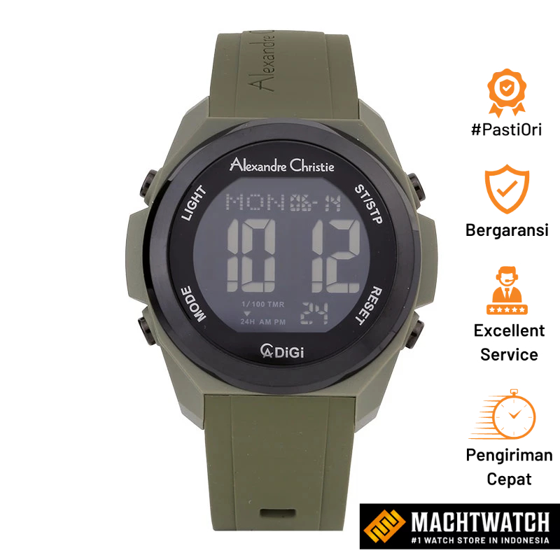 Jam Tangan Pria Alexandre Christie Digi AC 9342 MH RIGBAGN Men Black Digital Dial Green Rubber Strap