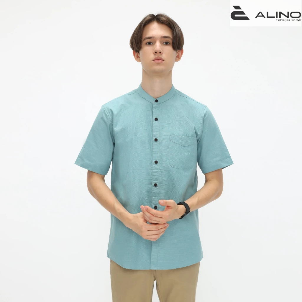 ALINO Kemeja Pria Sanghai Polos Pendek Biru Wardah