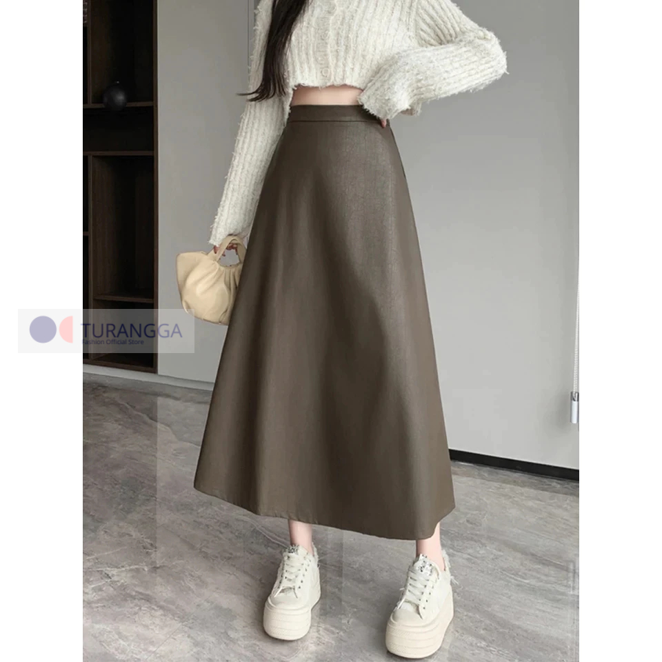 Rok Hitam Span Maxi Kulit Wanita Rok Maxi Panjang Model Rok A-Line Rempel/ Lipit High Waist Rok Wani