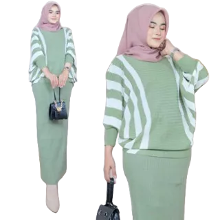 Setelan Rok Rajut Premium / One Set Jumbo / Pakaian Setelan Wanita Tangan Panjang Motif Garis Terlar