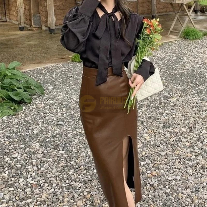 Rok Kulit Panjang Rok Midi Pensil High Waist Slit Besar Kaki Kiri Rok Wanita Chic Middle Streetwear 