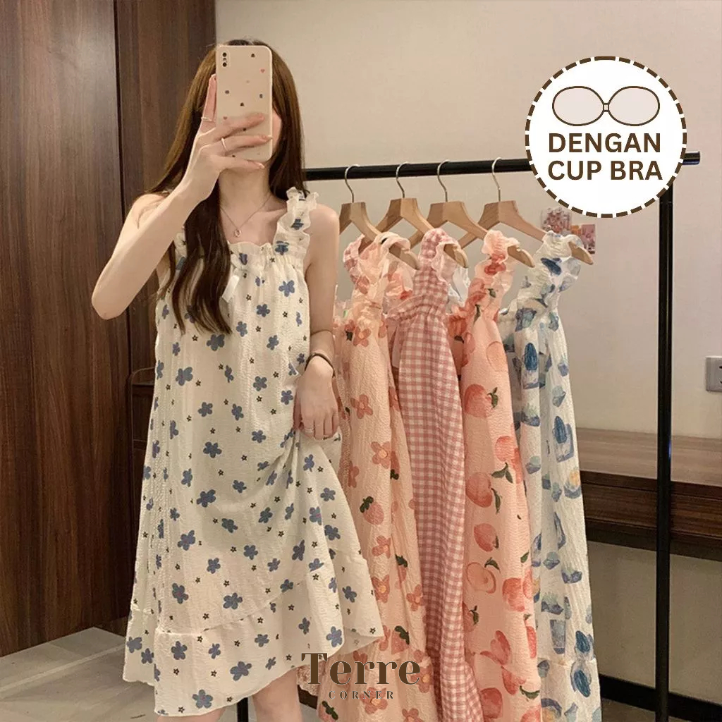 SA Ji Hye Dress Daster Tidur Aesthetic dengan Cup Bra Piyama Korea Wanita Import Tanpa Lengan