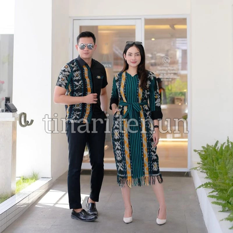 SET COUPLE KEKINIAN  TENUN PASANGAN PREWDDING DAN KONDANGAN - DRESS HIJAU SRAGAM GREJA