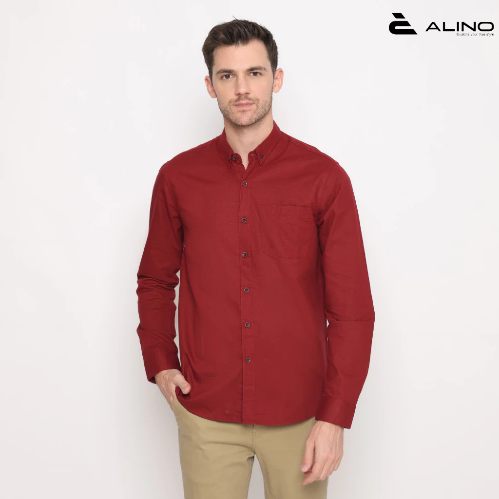 Anoali Kemeja Pria Basic Lengan Panjang Merah Maroon 007